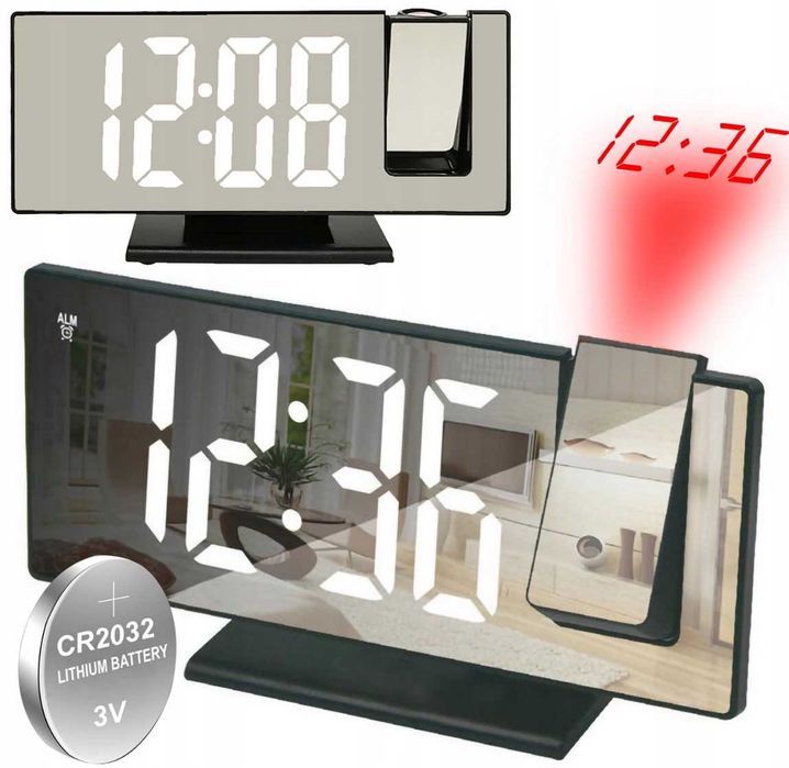 BUDZIK Zegar Cyfrowy Elektroniczny PROJEKTOR Czasu LED Lustro