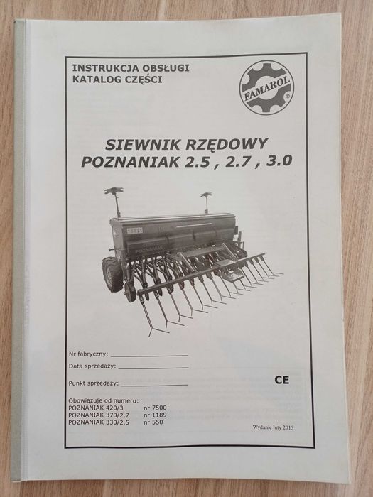 Tabela wysiewu - Siewnik Poznaniak 2.5 m, 2.7 m, 3.0 m Tabele, Katalog