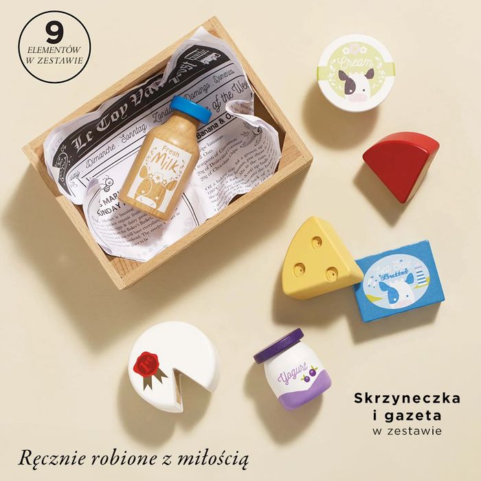Drewniany nabiał w skrzynce, zabawka dla dzieci, stragan, sklep LTV