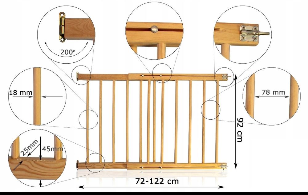 Bramka ochronna dla dzieci na schody regulowana 72-122cm wys 92cm