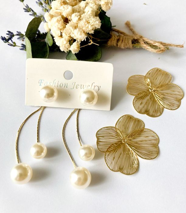 Kolczyki Damskie kwiatki perełki dłuższe eleganckie 2 w1