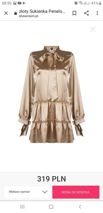 Złota satynowa sukienka na długi rękaw, rozmiar S