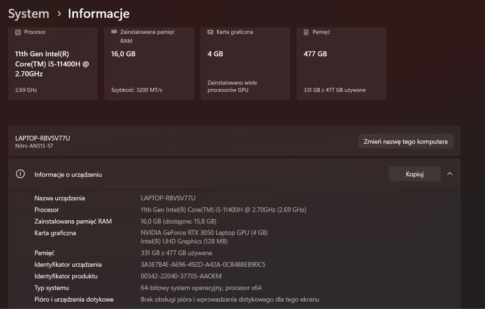 Laptop gamingowy Acer Nitro 5 AN515-57