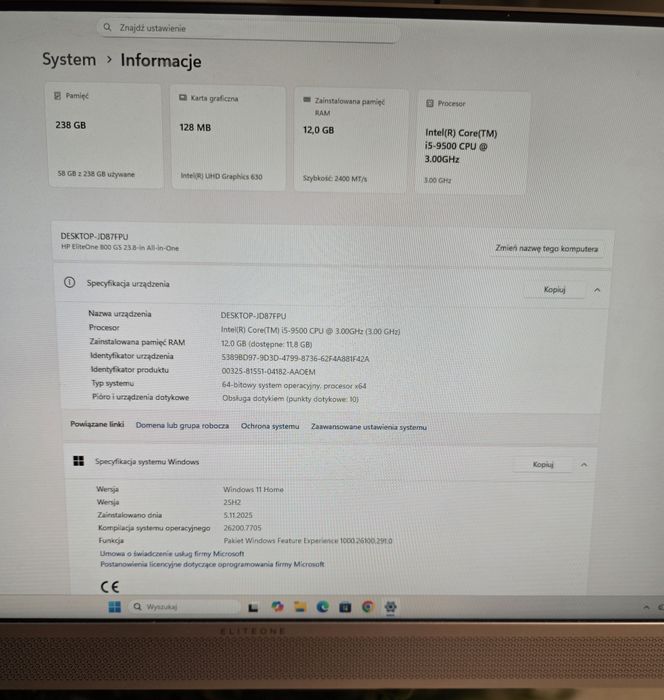 HP EliteOne 800 G5 AIO i5 9500 3,0 GHz / 12GB / 256SSD /24" Dotyk AIO