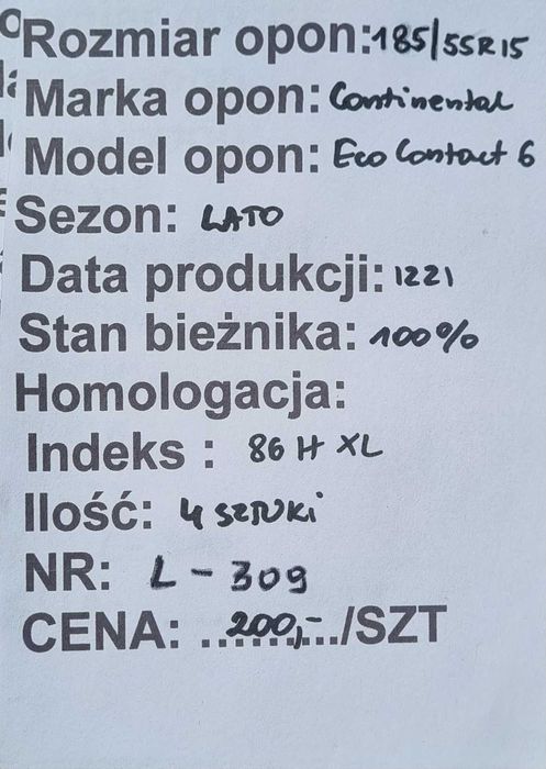185/55R15 Continental Eco Contact 6 Lato