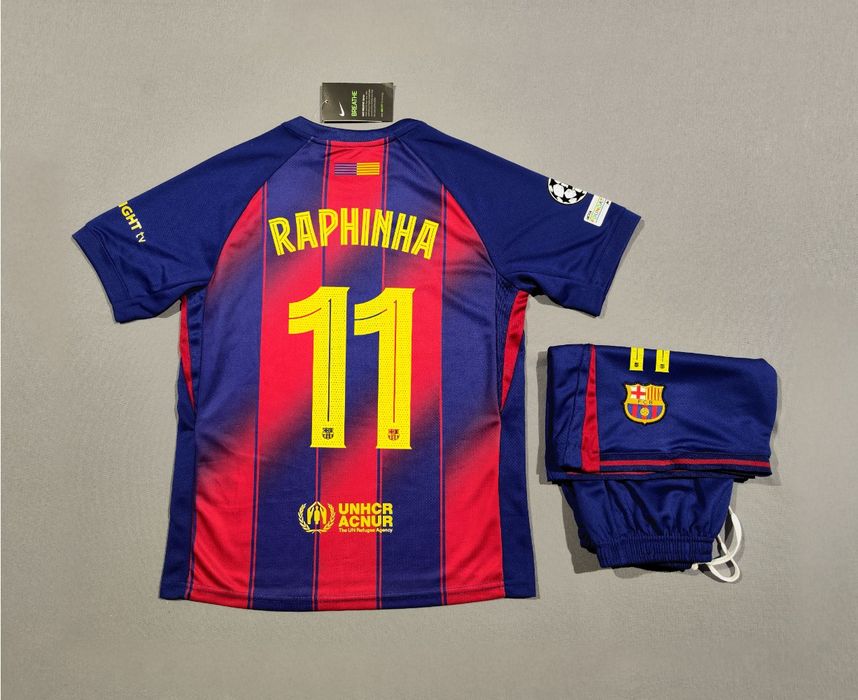 Komplet Strój Zestaw dziecięcy FC Barcelona 25/26 domowy RAPHINHA 11 UEFA Champions League wysyłka z polski 24h Liga Mistrzów koszulka spodenki szorty