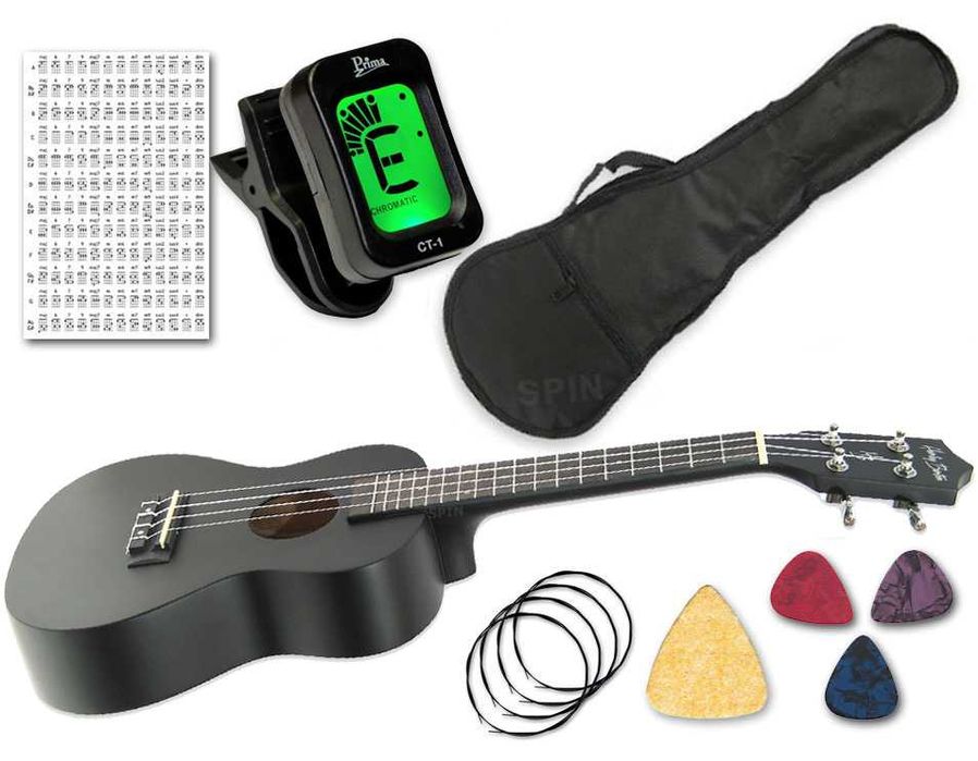 Ukulele koncertowe czarne ze wszystkimi dodatkami