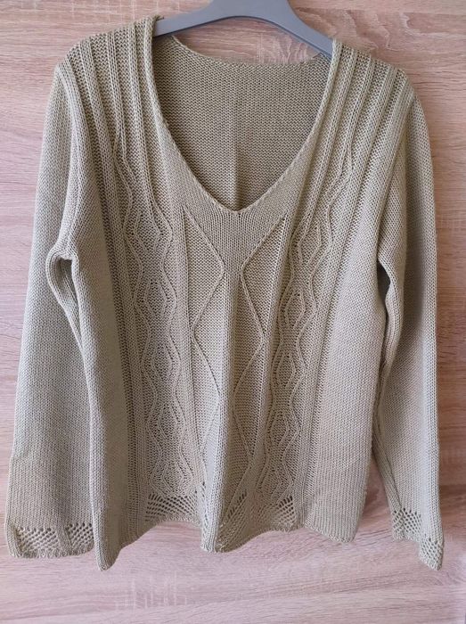 Sweter dzianinowo/ażurowy, oliwkowy, rozmiar 42