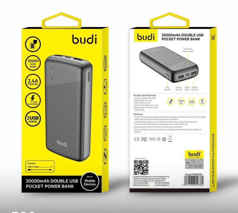 ТОП ЦЕНА!!! Повербанк BUDI 20000 мАч PD 20W / QC 3.0 / 2 USB + Type-C