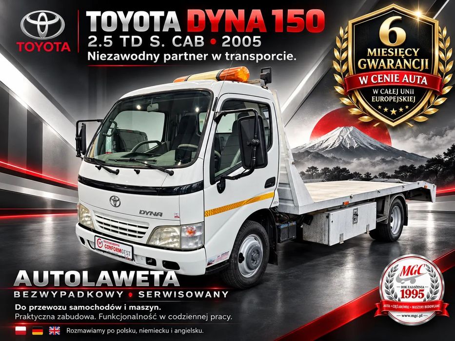 Toyota Dyna 150 2.5 TD / LAWETA / AUTOLAWETA / ALUMINIOWA ZABUDOWA / WĄSKA / IDEALNY DO MAŁYCH MASZYN / BEZWYPADKOWY / SERWISOWANY / NIE ZAWODNY SILNIK / 3500KG / POMOC DROGOWA / POJAZD SPECJALNY / LEKKA KONSTRUKCJA  Unikat, duża ładowność, mała i zgrabna