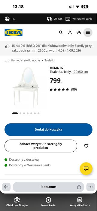 Toaletka biała ikea Hemnes 100x50 cm