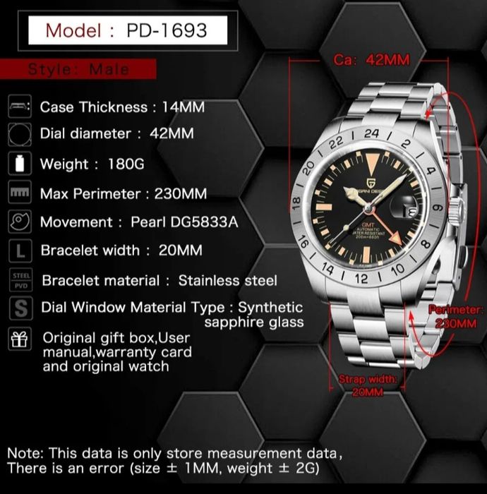 Часы Pagani Design GMT хомаж Rolex Explorer 2 Freccione