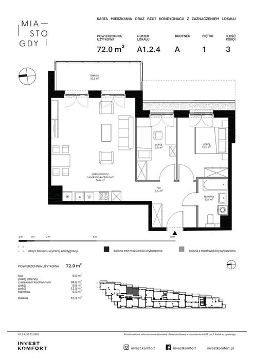 3-pokojowe mieszkanie 72m2 + balkon Bezpośrednio