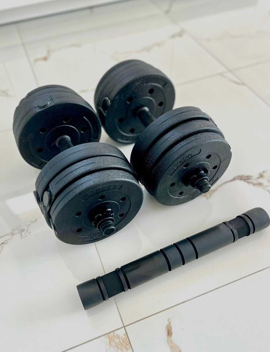 Zestaw 30kg - 2w1 - Hantle hantelki regulowane + Sztanga - 15kg x2 bitumiczne