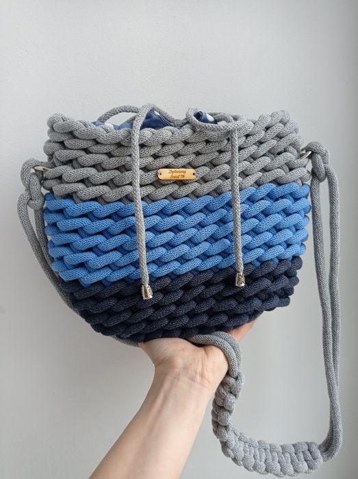 Trzykolorowa torebka worek ze sznurka handmade