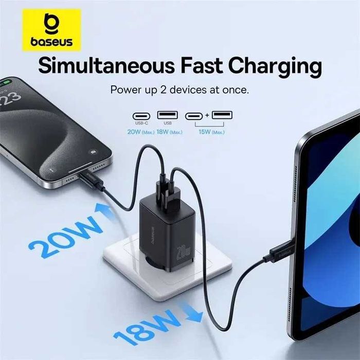 Ładowarka BASEUS cube 20w  3.0 PD, 3.0 QC 2 gniazda EU USB-C + USB-A