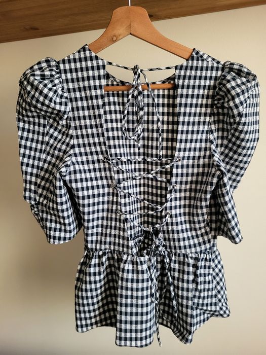 Elegancka bluzka w kratkę z wiązaniem na plecach z baskinką, rozm. XS