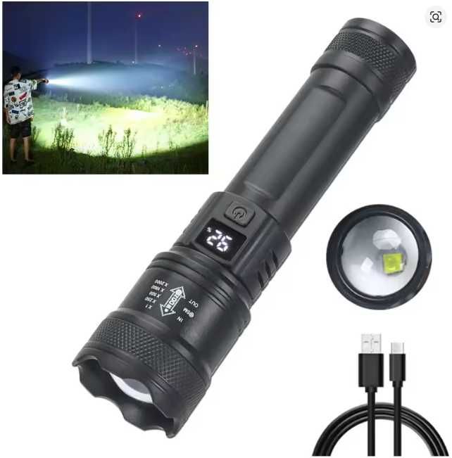 Lanterna LED potente c/ zoom – USB‑C, 3 modos (SOS) e visor bateria - Portes gratuitos