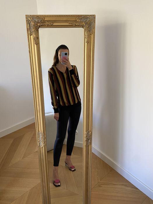 Sweter w beżowe brązowe pasy dekolt v tennis S 36 vintage Lacoste