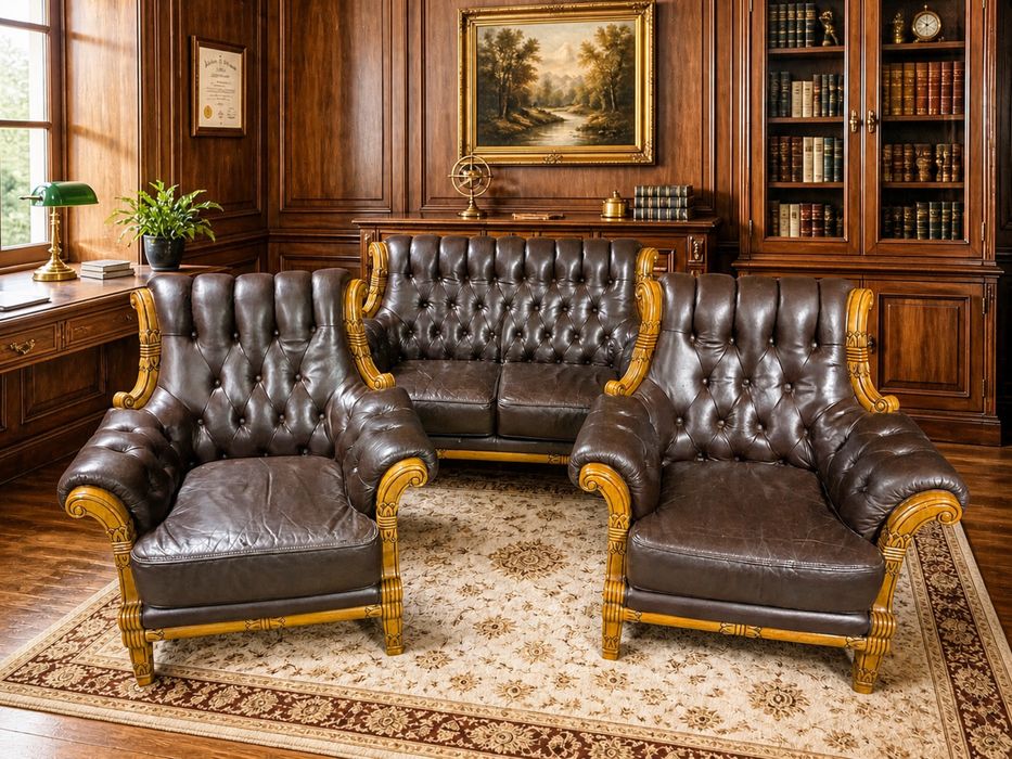 Piękny Włoski Stylowy Komplet Wypoczynkowy Chesterfield Sofa 2 Fotele