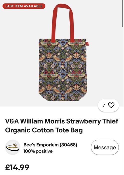 Сумка-тоут-шопер V&A William Morris Strawberry Thief Organic Cotton Tote Bag