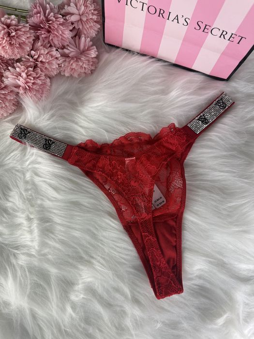 Czerwone majtki stringi koronkowe z kryształkami Victoria’s Secret S