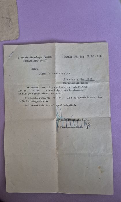 Koperta, pismo, akt zgonu, Dachu 1942 oryginał