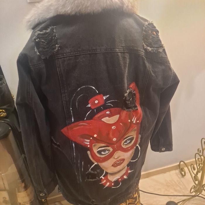 Katana jeans kurtka czarna futerko lis 38 40