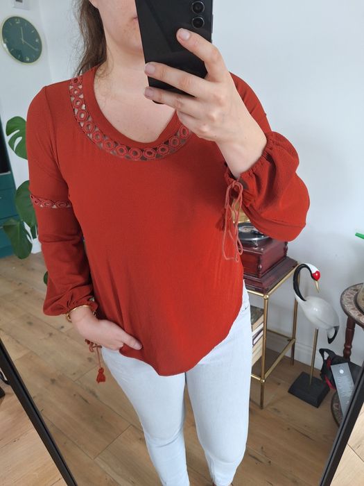 Koszula bluzka elegancka koronkowa pomarańczowa do pracy casual basic