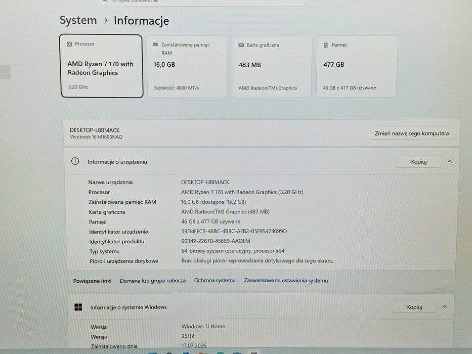 Asus Vivobook 16 - M1605NAQ / R7-170 3.30GHz / Radeon 680M / 16GB 4800MHz DDR5 / 512GB M2 / 16' WUXGA TFT 60Hz / Grade A / 6/05/26 z EURO RTV AGD