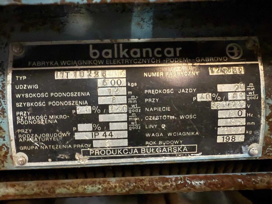 Wciągarka elektryczna Balkancar 500 kg – przemysłowa, elektrowciąg