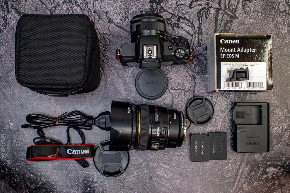 Canon M50 + Canon 15-45 + Sigma 30mm f 1.4 + EF-EOS-M adapter