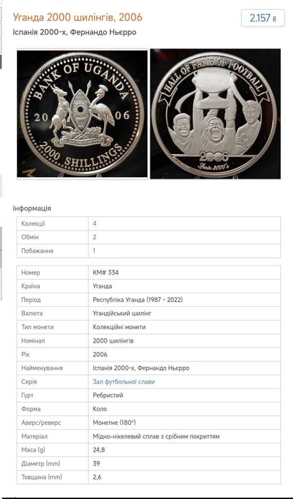Уганда 2000 шиллінгів 2006 р. " Зал футбольної слави".