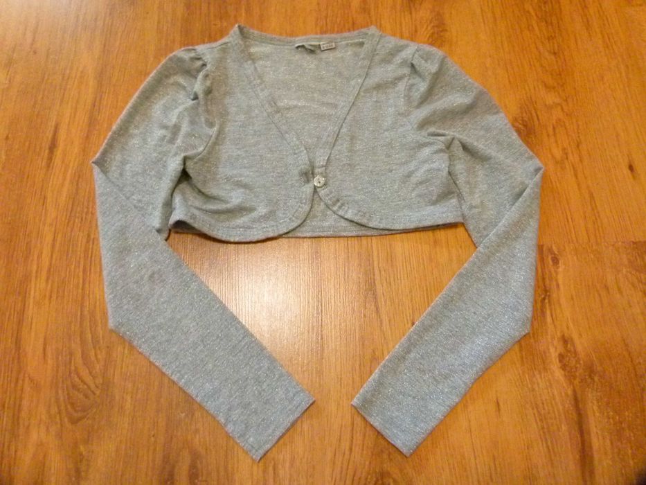 rozm 134/140 sweter bolerko szare brokatowa srebrna nitka
