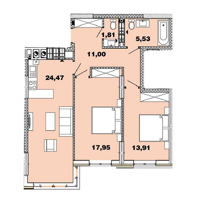 2К-квартира (75 м2) у 5 черзі ЖК «Crystal Avenue». Петр. Борщагівка