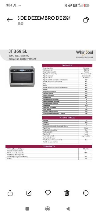 Microondas/Forno  da Whirlpool