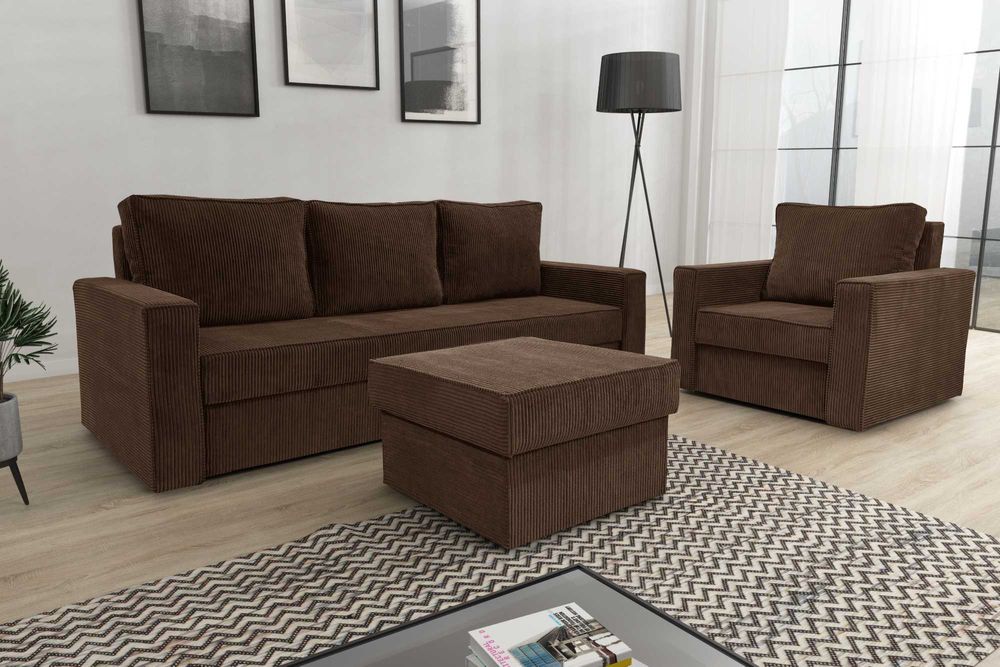 Zestaw komplet wypoczynkowy kanapa fotel pufa Sofia. Sztruks, sprężyny