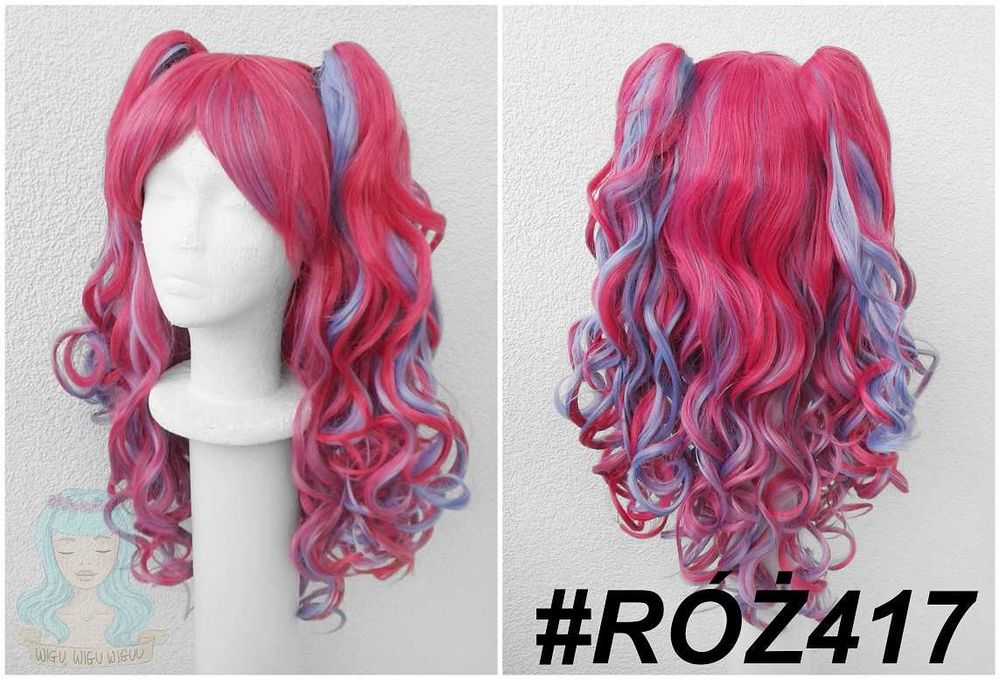 Różowa długa peruka z kitkami lokowana lolita fashion cosplay wig róż