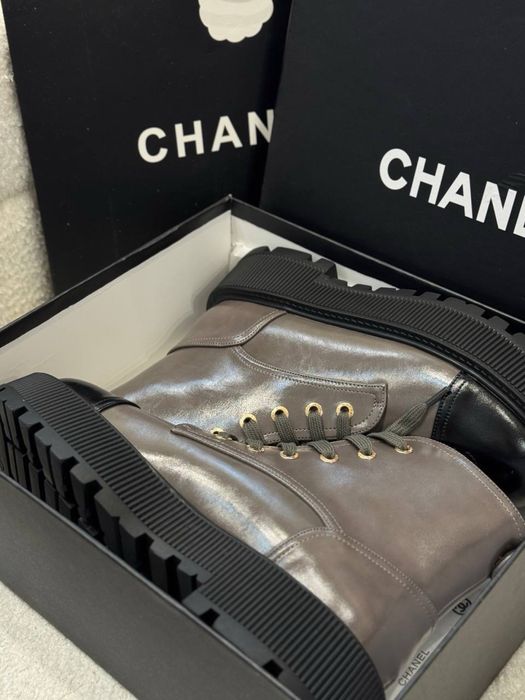Ботинки chanel в коробці чорний і сірий колір на шнурівці
