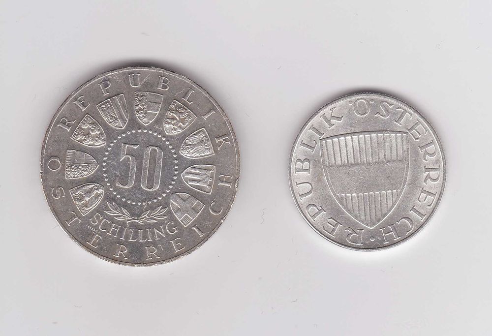 2 moedas prata Áustria 50 e 10 Schilling