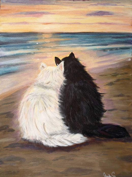 "Razem o zachodzie słońca" Obraz akrylowy 55x75 koty zachód słońca nowoczesny