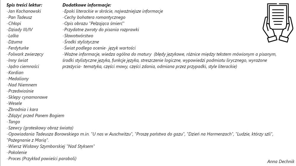 Notatki język polski - lektury oraz dodatkowe informacje.