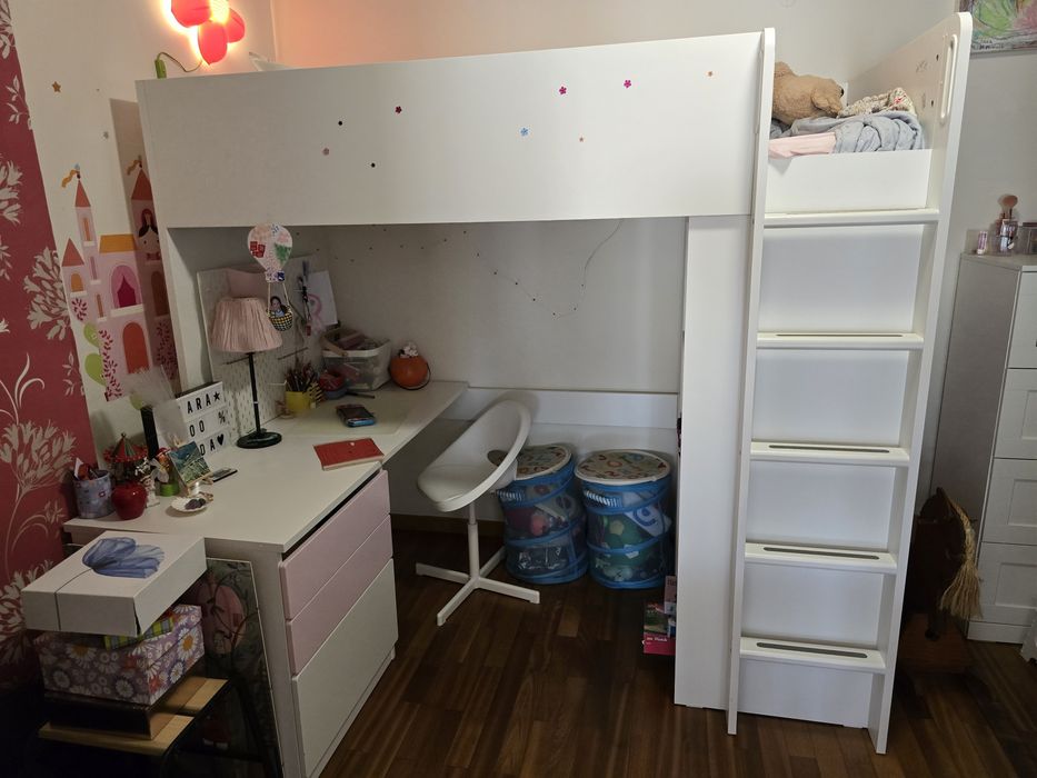 Cama alta / beliche + Colchão - IKEA SMASTAD - com secretária e armári