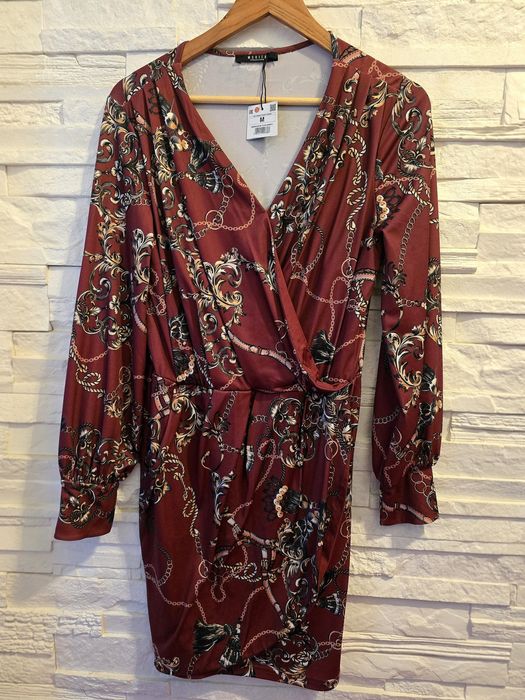 Sukienka Mohito rozm. M bordowa bordo złota złoto łańcuchy