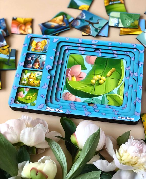 Drewniane puzzle «Etapy rozwoju motyla»
