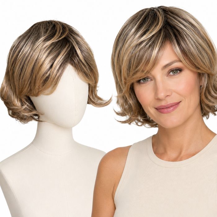 Peruka damska krótka bob blond brąz pasemka grzywka fale naturalny