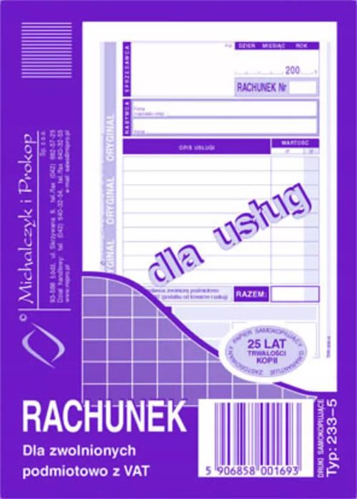 Rachunek dla zwolnionych z VAT 233-5. Michalczyk i Prokop. Nowy Produkt