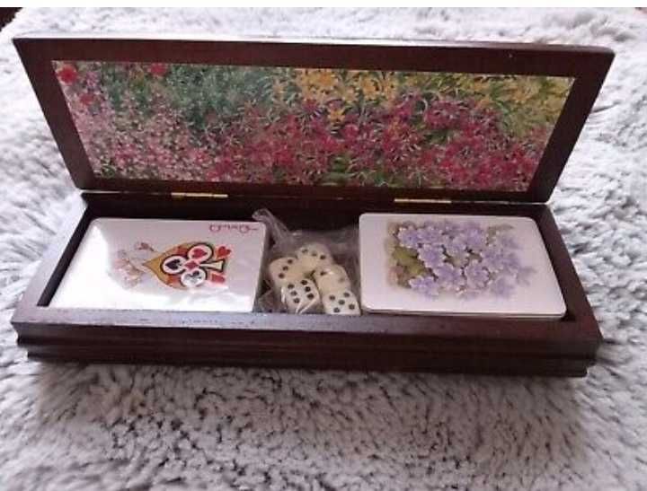 Vintage stary Zestaw do gry w karty/pokera w drewninym pudełku