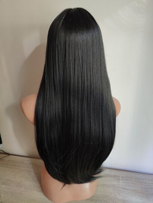 Nowa realistyczna czarna długa prosta peruka z grzywką wig