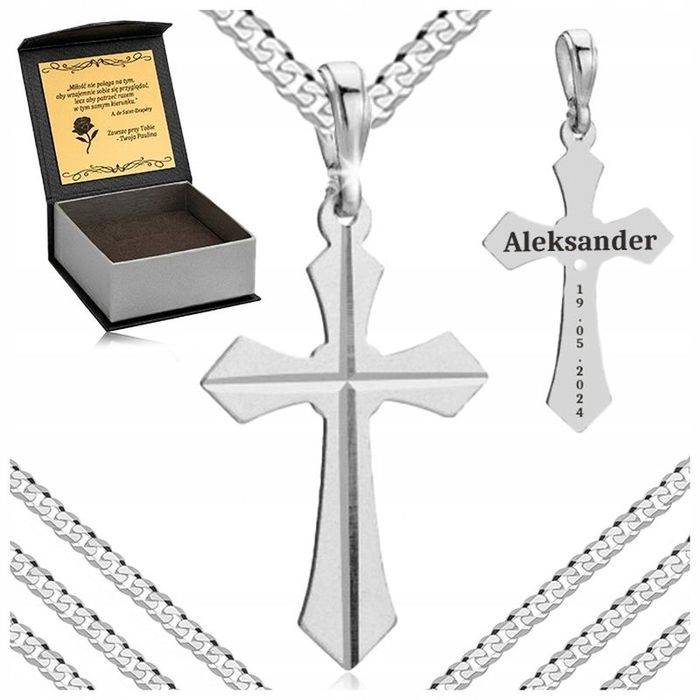 Srebrny Łańcuszek Męski Pancerka Z Krzyżykiem Diamentowany 55 Cm Grawe